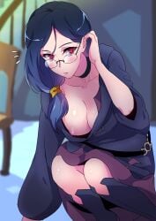 10s adjusting_hair black_choker black_footwear blue_hair blurry blurry_background blush boots breasts choker collarbone commentary_request downblouse female flying_sweatdrops glasses indoors large_breasts little_witch_academia long_hair looking_at_viewer looking_over_eyewear milf negom nipple_slip nipples no_bra red_eyes robe solo squatting teacher tucking_hair ursula_callistis witch