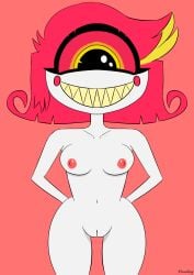 absurd_res breasts cyclops demon demon_humanoid female genitals hair hazbin_hotel hi_res humanoid looking_at_viewer navel niffty nipples not_furry open_mouth open_smile pearling pussy red_hair sharp_teeth small_breasts smile solo standing teeth text thick_thighs white_body