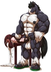 1boy 2017 abs after_breeding_mount_use animal_genitalia animal_penis anthro artificial_vagina bara biceps big_muscles big_penis breeding_mount brown_eyes cum equine equine_penis erection flip_flops fur grisser hair hi_res horse horsecock male male_only mammal mottled_penis muscular nipple_piercing nipples nude pecs penetrable_sex_toy penis piercing sex_toy solo standing testicles triceps vein veins veiny_muscles veiny_penis