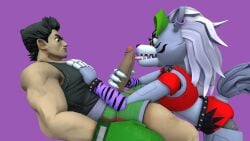 1boy 1girls 3d_(artwork) angry angry_face animatronic boxers boxing_gloves crossover eastern_and_western_character five_nights_at_freddy's five_nights_at_freddy's:_security_breach furry furry_female furry_tail horn human little_mac muscular muscular_male nintendo oral penis punch_out pussy robot robot_girl roxanne_wolf_(fnaf) seductive seductive_look steel_wool_studios