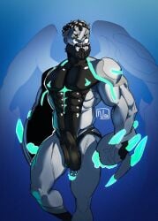 1boy bara beard boreas_(luna_sanctus) gay glowing_markings glowing_nipples loincloth luna_sanctus luna_sanctus_tactics monster muscular_male naughtier pierced_genitals solo winged_humanoid