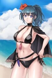 blue_eyes blue_hair breasts byleth_(female)_(fire_emblem) byleth_(female)_(summer)_(fire_emblem) byleth_(fire_emblem) byleth_(fire_emblem)_(female) byleth_(summer)_(fire_emblem)_(female) female female_only fire_emblem fire_emblem:_three_houses fire_emblem_heroes h_nyoro nintendo solo swimsuit