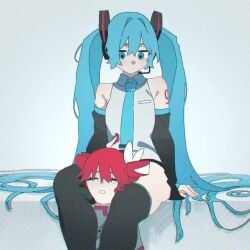 1:1 2girls ahoge animated aqua_eyes aqua_hair aqua_necktie bare_shoulders black_sleeves black_thighhighs closed_eyes closed_mouth collared_shirt detached_sleeves drill_hair grey_shirt hair_bow hatsune_miku head_between_thighs headphones kasane_teto kushiro_yuu looking_at_another mp4 open_mouth red_hair shorter_than_10_seconds sleeveless_shirt streaked_hair suggestive tagme teeth thigh_crush thigh_squeeze thigh_squish thighhighs twin_drills twintails utau video vocaloid white_background white_hair yuri