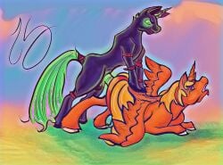 2018 alicorn ambiguous_penetration animal_genitalia animal_penis arthropod balls black_balls black_body black_hooves black_skin blonde_mane changeling colored digital_drawing_(artwork) digital_media_(artwork) duo equid equine equine_genitalia equine_penis feathered_wings feathers feet female feral foot_on_back friendship_is_magic fur furrowed_brow genitals glowing glowing_eyes glowing_genitalia glowing_penis green_eyes green_penis green_tail hasbro hooves horn interspecies long_tail male mammal mane multicolored_mane multicolored_tail my_little_pony mythological_creature mythological_equine mythology orange_body orange_feathers orange_fur orange_horn orange_wings penetration penis purple_eyes quadruped red_tongue rough_sex sex shaded side_view signature sky spread_wings straps tail tongue tongue_out unguligrade white_hooves wings xtharsa yellow_tail