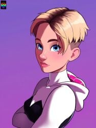 ai_generated blonde_hair blue_eyes blush cute_face gwen_stacy marvel repartz spider-gwen spider-man:_into_the_spider-verse