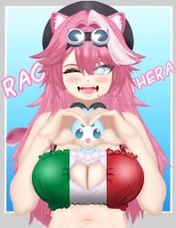 1girls animal_ear_fluff animal_ears animal_tail bare_shoulders belly_button blue_background blue_eyes blue_fur blush bonnet cat_keyhole_bra cat_keyhole_lingerie cat_lingerie chattino_(raora_panthera) cleavage cleavage_cutout cleavage_window eddarxart fangs fangs_out glowing_eyes goggles goggles_on_head gradient_background hair_intakes heart_hands hololive hololive_english hololive_english_-justice- italian italian_female italian_flag italian_text keyhole keyhole_bra large_breasts long_hair looking_at_viewer mascot multicolored_hair oerba_yun_fang one_eye_closed open_mouth panther panther_ears panther_girl panther_tail pantherine_humanoid pink_hair raora_panthera streaked_hair streamer tail two-tone_hair virtual_youtuber vtuber vtuberfanart white_hair wink winking_at_viewer