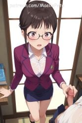 ai_generated beautiful beauty blush breasts clothing cute female girl girly glasses grabbing_penis handjob human long_hair love maellepetite misato_segawa naked nude open_mouth penis penis_out pose shirobako skirt surprise surprised surprised_expression surprised_face teacher teacher_and_student teacher_outfit