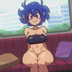 1girls blue_hair city curvy dot_nose edit emi emi_(twistedgrim) female functionally_nude indoors large_breasts looking_at_viewer navel no_panties pillow pink_eyes pointy_ears shiny_skin short_hair sitting smile sofa solo thick_thighs tree twistedgrim wide_hips window