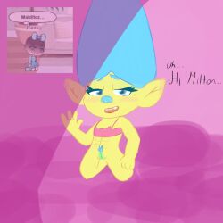 blue_eyes blue_hair blue_nose blush dreamworks non-human pink_background pink_bra smidge_(trolls) text toony trolls yellow_skin