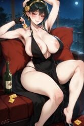 1girls ai_generated areolae areolae_slip armpit_hair bare_shoulders black_dress black_gloves black_hair blush bottle breasts cleavage cls condom condom_wrapper couch covered_nipples dress earrings fingerless_gloves gloves gold_hairband holding_condom large_areolae large_breasts looking_at_viewer red_eyes sitting smile solo spy_x_family thighs thong underwear yor_briar