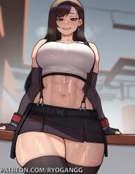 abs ai_generated crop_top final_fantasy final_fantasy_vii fingerless_gloves gloves large_ass muscular_female ryogangg skirt thick_thighs thighhighs tifa_lockhart toned_female