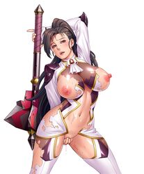 breasts female female fingering ideura_natsu large_breasts looking_at_viewer moaning motchie nipples no_bra no_panties pussy_juice shiny shiny_skin smile sweat taimanin_asagi_battle_arena weapon