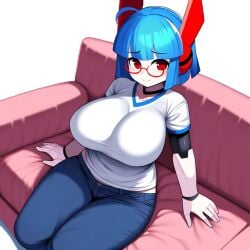 ai_generated blue_hair couch glasses jeans large_breasts novelai red_eyes robot robot_girl robot_joints round_glasses smiling_at_viewer t-shirt white_skin wide_hips
