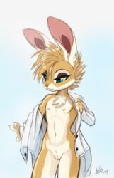 2017 4_fingers anthro ash_bunny_(skeleion) beige_pussy biped brown_fur brown_hair brown_nose chest_tuft coat countershade_face countershade_legs countershade_torso countershading dressing eye_markings eyelashes female flat_chested front_view fur gradient_background green_eyes green_sclera grey_background hair half-closed_eyes lagomorph looking_away mammal markings mohawk mostly_nude multicolored_fur navel navel_rim nipples pink_nipples portrait pubes pussy rabbit short_hair simple_background skeleion slim small_waist smile solo standing tan_countershading tan_fur tan_marking three-quarter_portrait tuft two_tone_fur white_background white_clothing