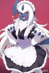 absol claws fur furry maid maid_apron maid_headdress maid_outfit maid_uniform pokemon pokemon_(species) red_eyes single_horn smile tail white_fur