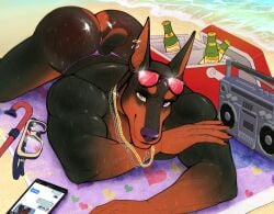alcohol all_fours anthro ass ass_up beach beer beer_bottle beverage black_body black_fur bodily_fluids bottle canid canine canis chains container cooler diving_gear dobermann domestic_dog ear_piercing electronics eyewear fur glistening glistening_eyes gold_(metal) gold_chain looking_at_viewer male mammal muscular muscular_anthro muscular_male nubruki_(artist) orange_body orange_fur phone piercing pinscher red_eyewear red_sunglasses sea solo stereo sunglasses sweat sweaty_arms sweaty_body sweaty_butt text texting towel water