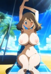 2024 ai_art ai_generated alternate_breast_size areolae beach beach_background big_breasts blue_eyes brown_hair cleavage erect_nipples female female_focus female_only gamefreak highres huge_breasts human large_breasts may_(pokemon) mayday_(artist) naked nintendo nipples outdoors perky_breasts pink_areola pink_nipples pokemon pokemon_(anime) sitting_on_chair smile smiling solo solo_female solo_focus stretching