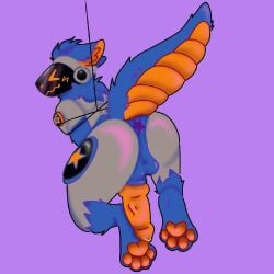 1:1 anonymous_artist anthro anus arms_tied ass balls blue_balls blue_body blue_fur blush bound fur genitals insignia knot machine male orange_pawpads orange_penis pawpads paws penis protogen protogen_armor protogen_visor simple_background solo submissive submissive_male tied_to_ceiling