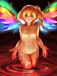 1girls axe_r18 blonde_hair blood completely_nude crystal flandre_scarlet jubakurei looking_at_viewer navel nipples nude nude_female petite pointy_ears pool_of_blood red_eyes ribs side_ponytail small_breasts solo thigh_gap thighs touhou wading walking_towards_viewer wings