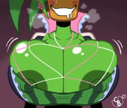 1girls accessory areolae blaster_master blush breasts cheesyboy888 cleavage drool drooling elemental_creature erect_nipples female female_focus female_only flower flower_in_hair green_body green_skin horny_female huge_breasts kanna_(blaster_master) large_breasts leaf leaf_hair nipples object_head palm_tree plant plant_girl pov