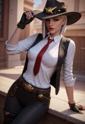 1girls 3d ai_generated angel_light angel_light_(artist) ashe_(overwatch) overwatch red_eyes white_hair