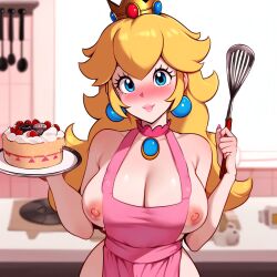 ai_generated apron_only cake mario_(series) novelai nude princess_peach smiling_at_viewer