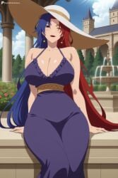 1girl ai_generated alternate_costume bare_shoulders blue_hair breasts ceridwen cleavage collarbone digitalwaifugallery dress earrings frills hat hi_res high_quality high_resolution huge_breasts jewelry large_breasts lipstick long_hair looking_at_viewer makeup multicolored_hair one_eye_closed outdoors patreon red_eyes red_hair red_lips seductive sexy sitting sky smile solo split-color_hair sun_hat two-tone_hair uncensored very_long_hair watermark white_headwear wistoria:_wand_and_sword