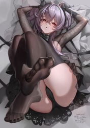 1girls alone_belm armpits ass black_skirt black_thighhighs cameltoe feet foot_focus frilled_skirt frills full_body goddess_of_victory:_nikke lace lace_sleeves liberalio_(dreaming_lake)_(nikke) liberalio_(nikke) long_sidelocks looking_at_viewer lying nail_polish no_shoes official_alternate_costume on_back presenting_own_foot purple_hair red_eyes short_hair_with_long_locks sidelocks skirt soles solo spread_toes thighhighs thighs toe_seam toenail_polish toenails toes