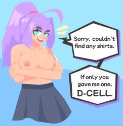 ahoge big_breasts big_eyebrows breast_rest breasts breasts_out clef_(unbeatable) english_text female female_only green_eyes long_hair nipples ponytail saucepesto simple_background skirt smug solo_female speech_bubble talking_to_viewer text topless unbeatable