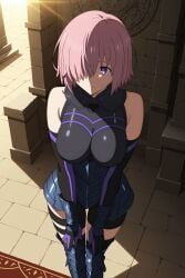 1girl ai_generated armor armored_boots armored_dress bare_shoulders black_leotard black_thighhighs boots breasts closed_mouth digitalwaifugallery elbow_gloves fate_(series) gloves hair_over_one_eye hi_res high_quality high_resolution large_breasts leotard looking_at_viewer mash_kyrielight patreon pink_hair purple_eyes seductive sexy short_hair solo standing sunlight thigh_strap thighhighs uncensored watermark