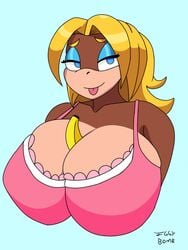 alternate_breast_size anthro banana blonde_hair blue_eyes bra breasts candy_kong cleavage donkey_kong_(series) female gorilla huge_breasts iggy-bomb looking_at_viewer nintendo rareware tongue tongue_out