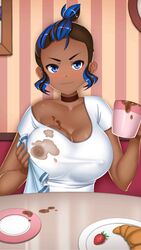 big_breasts black_hair blue_eyes blue_hair booty_calls dark-skinned_female female female_only jessy_(booty_calls) nipple no_bra see-through solo stained_clothes tea