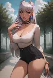 ai_generated big_breasts child_bearing_hips choker cleavage curvaceous curvaceous_body curvaceous_female curvaceous_figure curvaceous_hips curvaceous_thighs earrings evelynn hotpants jeans_shorts k/da_all_out_evelynn k/da_all_out_series league_of_legends looking_at_viewer mobolusai park seductive standing thick_thighs thighs waifu white_hair white_topwear yellow_eyes