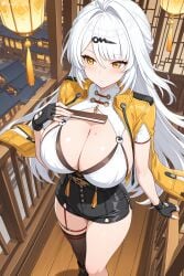 1girl ai_generated black_gloves black_shorts breasts cleavage closed_mouth digitalwaifugallery fingerless_gloves folding_fan gloves hair_intakes hair_ornament hairclip hand_fan hi_res high-waist_shorts high_quality high_resolution holding holding_fan jacket lantern large_breasts long_hair mole mole_on_breast mole_under_eye patreon seductive sexy shorts single_thighhigh solo thigh_strap thighhighs thighs uncensored watermark white_hair yellow_eyes yixuan_(zenless_zone_zero) zenless_zone_zero