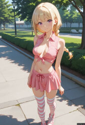 ai_generated blonde_hair braid dressed miniskirt park pink_eyes sneakers thighhighs tied_shirt