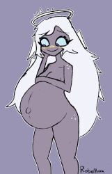angel blushing blushing_female emily_(hazbin_hotel) female freckles freckles_on_face hazbin_hotel hellaverse looking_down_at_viewer naked naked_female nude nude_female pregnant pregnant_belly pregnant_female vivienne_medrano vivziepop