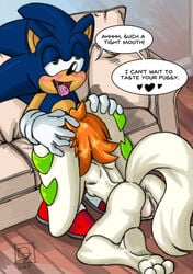 2017 anthro anus basset_hound blue_fur blush breasts canine dialogue duo english_text fellatio female freedom_planet fur hair half-closed_eyes hedgehog implied_fellatio looking_pleasured male mammal milla_basset nude omegazuel oral orange_hair pussy rear_view sex sideboob sonic_(series) sonic_the_hedgehog straight text tongue tongue_out video_games