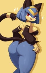 2026 absurd_res anthro big_breasts big_butt biped black_body black_fur black_tail blue_body blue_fur blue_hair breasts butt cute_fangs fangs female female_anthro fur hair hi_res looking_at_viewer looking_back looking_back_at_viewer lucyfercomic multicolored_body multicolored_fur open_mouth pal_(species) palworld pocketpair rear_view red_eyes sekhmet_(pal) solo standing tail teeth tongue yellow_body yellow_fur