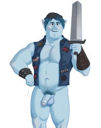 1boy 2020 2d 5_fingers balls barley_lightfoot beanie black_beanie blue_hair blush brown_eyes chest_hair digital_media_(artwork) disney elf flaccid foreskin gabo_artist gay jacket male male_only muscular onward_(2020) open_jacket pecs penis pixar pubic_hair simple_background solo spiked_bracelet sword weapon white_background