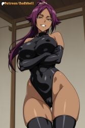 1girls ai_generated ass bleach bleach:_the_thousand-year_blood_war bodysuit breasts cameltoe curvy curvy_figure dark-skinned_female dark_skin grin huge_ass huge_breasts long_hair mature_female pussy shihouin_yoruichi smile thong zadbhell