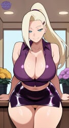 ai_generated blonde blonde-haired_female blonde_female blonde_hair blonde_pubic_hair blue_eyes boruto:_naruto_next_generations boruto:_two_blue_vortex breasts busty busty_female cleavage fanart female female_focus female_only flirty huge_breasts ino_yamanaka jorgecarlosai long_hair micro_skirt microskirt naruto naruto_(series) no_panties no_underwear pantyless ponytail pubic_hair purple_clothing purple_skirt purple_top pussy sexy sexy_body sexy_female sexy_pose shoulderless_topwear skirt vagina watermark yamanaka_ino