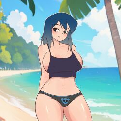 1boy 1girls 2d beach beach_background big_breasts blue_hair blue_panties breasts clothed clothing digital_drawing_(artwork) digital_media_(artwork) eve_(summertime_saga) female female_focus female_only hi_res high_quality high_resolution highres light-skinned_female light_skin mayu_naisu medium_breasts panties pose posing presenting showing_off sideboob summertime_saga tank_top teenage_girl teenager thick_thighs two-tone_hair underwear