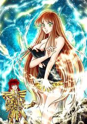 1girls armor athena_(saint_seiya) blue_eyes blush breasts brown_hair female goddess green_eyes large_breasts long_hair male red_hair saint_seiya saint_seiya_next_dimension saori_kido thighs torn_clothes very_long_hair virgo_shijima