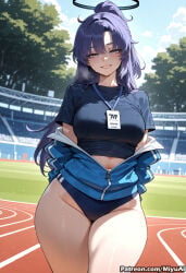1girl ai_assisted ai_generated arms_behind_back bangs blue_archive blue_jacket blue_swimsuit blush breasts competition_swimsuit cowboy_shot curvaceous curvy curvy_female curvy_figure eyebrows_visible_through_hair female fence hair_ribbon jacket large_breasts long_hair looking_at_viewer miyuai one-piece_swimsuit outdoors ponytail purple_hair ribbon short_sleeves sidelocks sky smile solo swimsuit thick thick_ass thick_butt thick_hips thick_legs thick_thighs thighs voluptuous voluptuous_female wide_hips wide_thighs yuuka_(blue_archive)