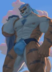 abs absurd_res anthro beard blue_hair body_hair bulge chest_hair clothing eyebrows facial_hair felid hair hi_res male mammal muscular muscular_anthro muscular_male my_pirate_husbandos nipples one_eye_closed pantherine pecs ponytail poseidong_(my_pirate_husbandos) pubes solo striped_body stripes tail tiger underwear wry2229513683