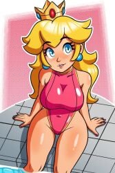 big_breasts bikini blonde_hair breasts clothed cute mario_(series) nintendo nyazuliart one-piece_swimsuit pale_skin partially_submerged princess_peach sitting smile swimming_pool