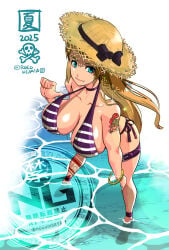 2d 2d_(artwork) 2d_artwork b._jenet beer big_breasts bikini blonde_female blonde_hair boobs breasts cleavage fatal_fury huge_breasts japanese_text king_of_fighters large_breasts looking_at_viewer ocean ocean_background pulling_bikini_string pulling_bikini_up purple_bikini rocohisaya sexy sexy_body sexy_female smile snk straw_hat swimsuit swimwear text thick_thighs thigh_belt thigh_strap thighs tits viewed_from_above