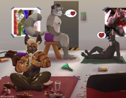 anthro balls breasts casual_nudity clothed clothing digital_media_(artwork) feet fur futuristic genitals group hair hare hi_res hyena jockstrap lagomorph leporid male male/male mammal metal_floor muscular muscular_male navel nipples nude painting_(object) penis poster procyonid rabbit raccoon smile spotted_hyena tail tonydapig trio underwear