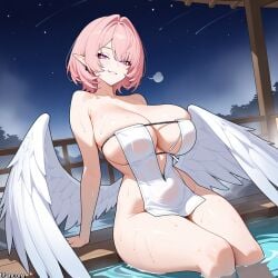 (titancore) ai_generated angel angel_wings breasts_bigger_then_head curvy_figure elf_ears female girl harpy_humanoid hot_spring huge_breasts monster_girl naughty_girl pink_eyes pink_hair relaxing remielle_dan revealing_body revealing_clothes short_hair sweatdrop teasing_viewer thiren towel towel_only video_game_character water wings zenless_zone_zero