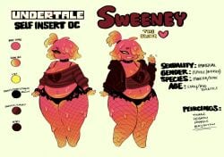 artist_request bulge character_sheet chubby clothed female fishnet_legwear fishnets futa orange_body orange_skin original original_character slime slime_girl undertale_(series)